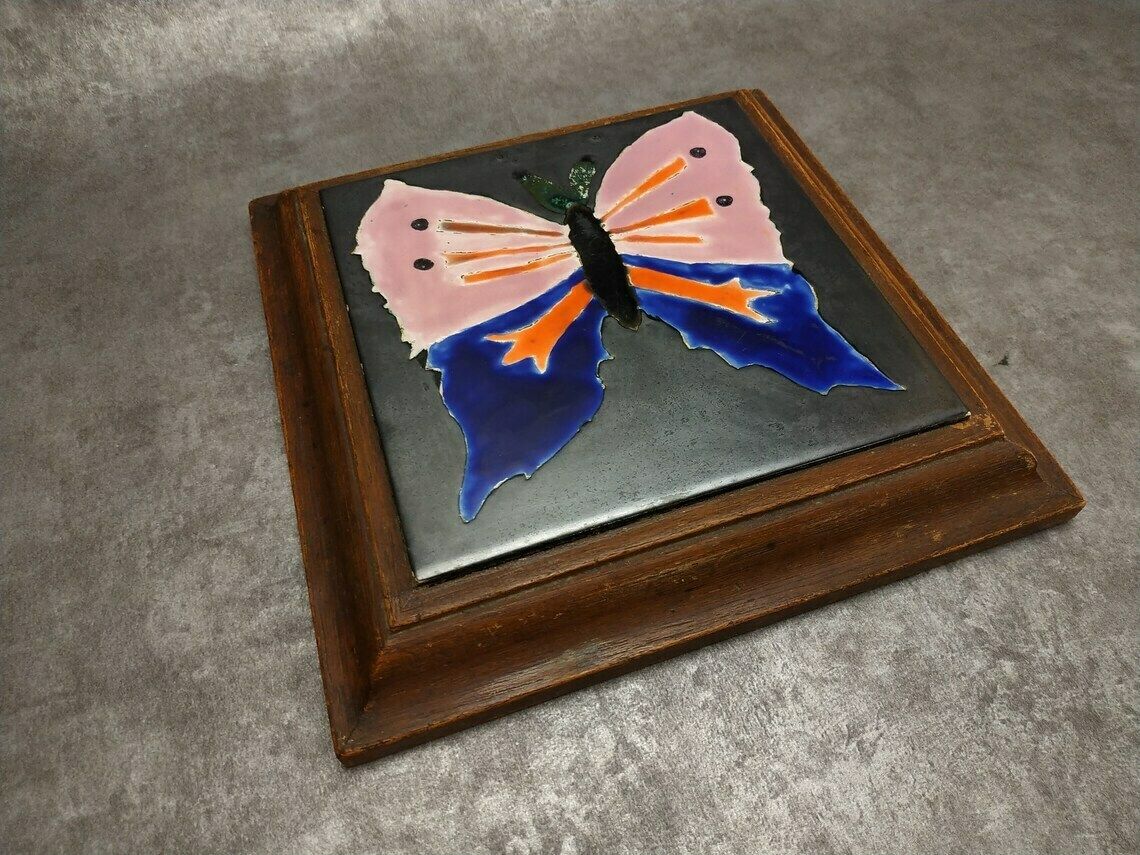 Vintage French Trivet, Mid Century Modern Ceramic Tile Butterfly Pot Rest, Mcm Wooden And Pottery Insect Trivet, La Ferte Gaucher, Tableware photo Art