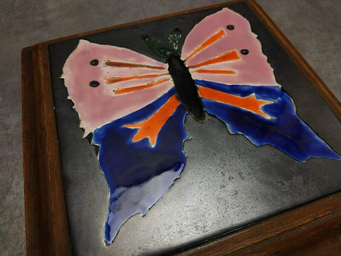 Vintage French Trivet, Mid Century Modern Ceramic Tile Butterfly Pot Rest, Mcm Wooden And Pottery Insect Trivet, La Ferte Gaucher, Tableware photo 70.0