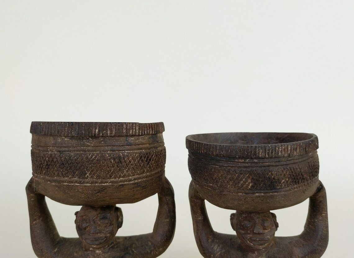 Old Primitive African Hand Carved Wood Female And Male Tribal Divination Cups Or Pigment Containers, Wooden Statues From Africa photo buy