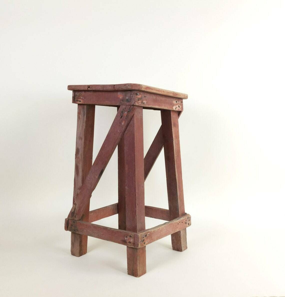 Primitive Antique 1920s Rustic French Four Leg Wood Stool For A Machinists Atelier In Wabi Sabi Style photo furniture