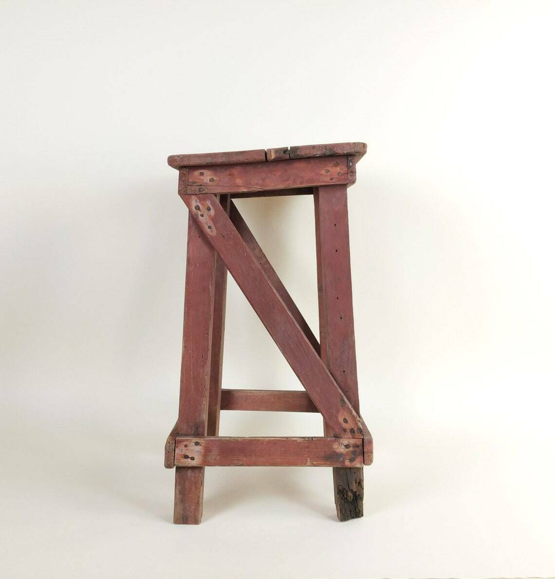 Primitive Antique 1920s Rustic French Four Leg Wood Stool For A Machinists Atelier In Wabi Sabi Style photo vinterior