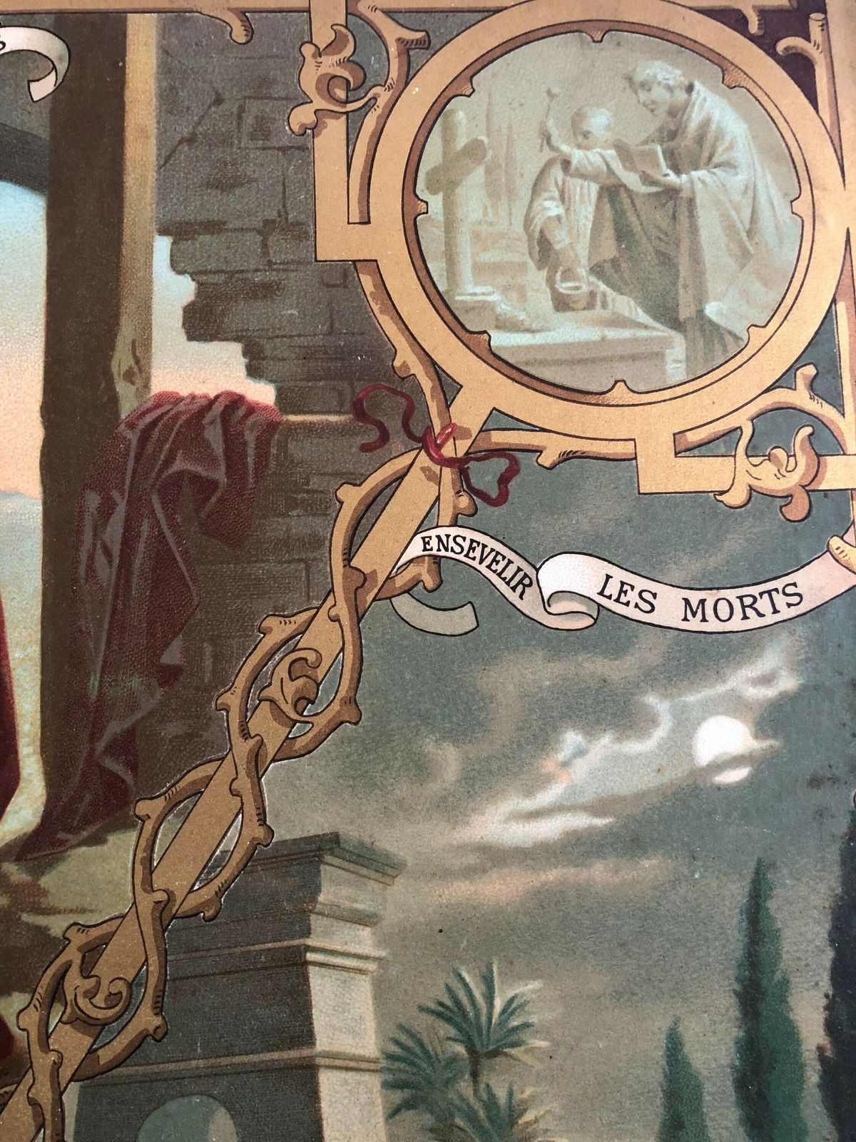 Old Cardboard Religious Education Panel Decorated With A Chromolithography On The Theme Of Main Bodily Works Of Mercy photo Art