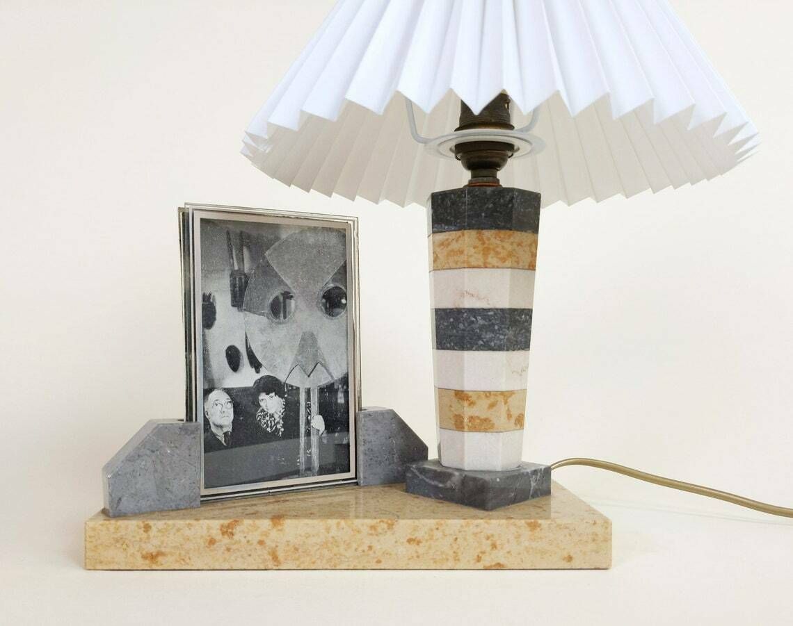Vintage French Art Deco Mixed Marble And Picture Photo Holder Table Lamp With White Pleated Lampshade photo for sale