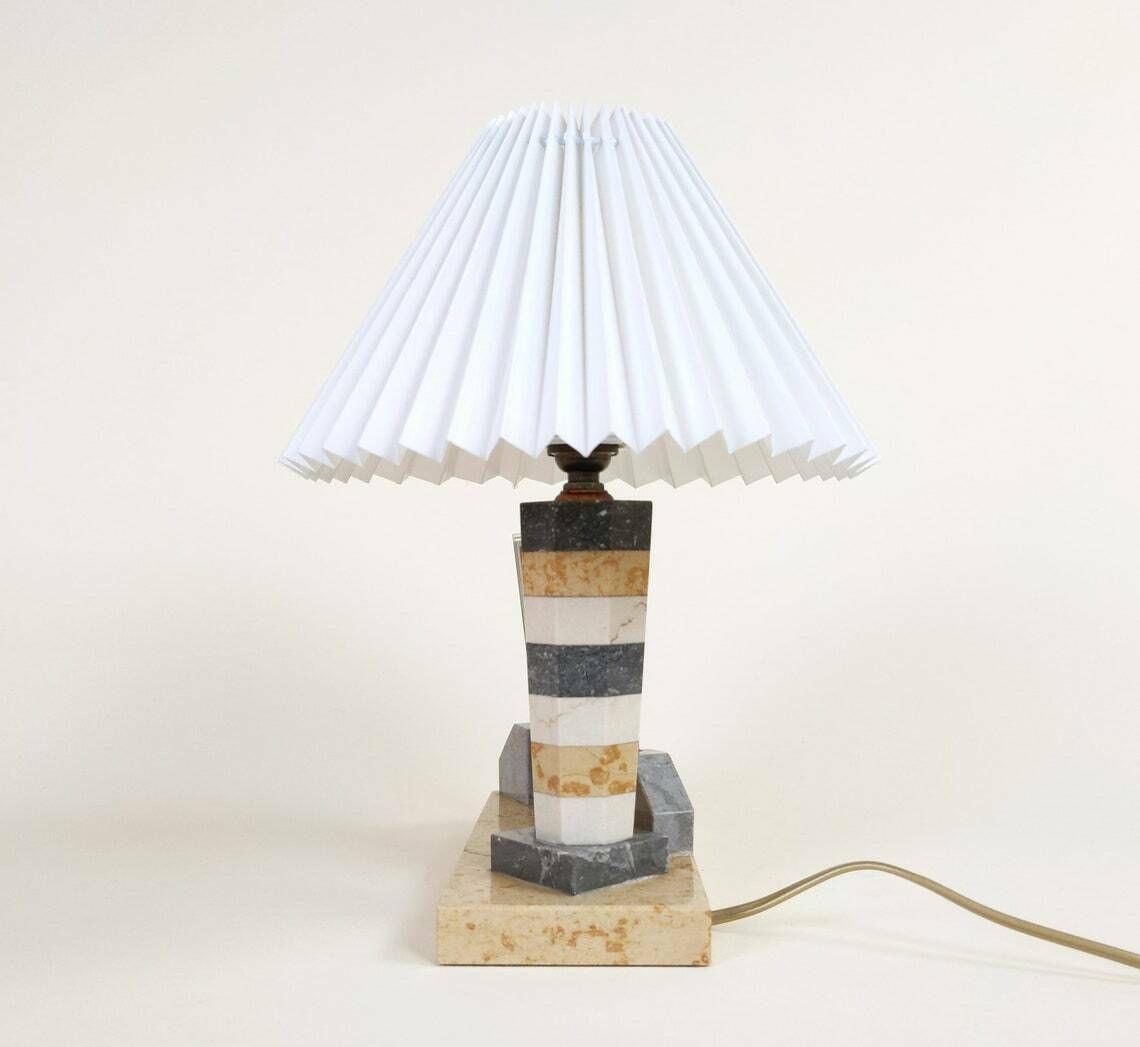 Vintage French Art Deco Mixed Marble And Picture Photo Holder Table Lamp With White Pleated Lampshade photo vinterior