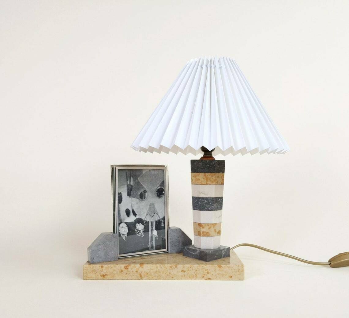 Vintage French Art Deco Mixed Marble And Picture Photo Holder Table Lamp With White Pleated Lampshade photo vintage