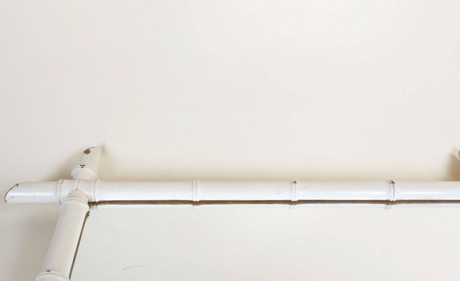 Antique French Painted White Faux Bamboo Wood Framed Wall Mirror, Rustic Accent Wall Decor photo vintage