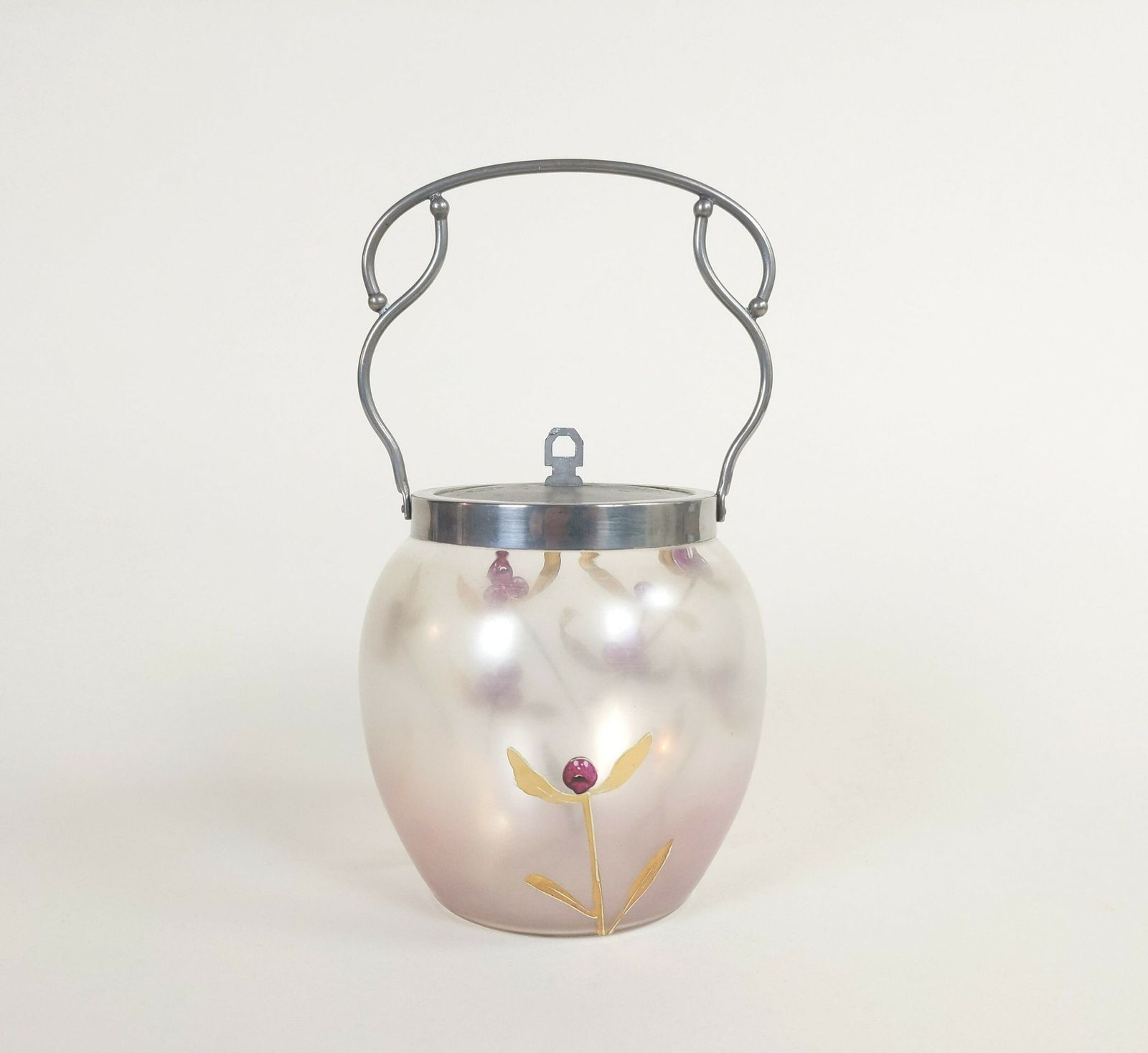French Glass Candy Jar Cookie Barrel With Hand Decorated Gold Flower Leaf And Purple Berry Design, Retro Biscuit Container, Old Bonbon Pot photo vinterior