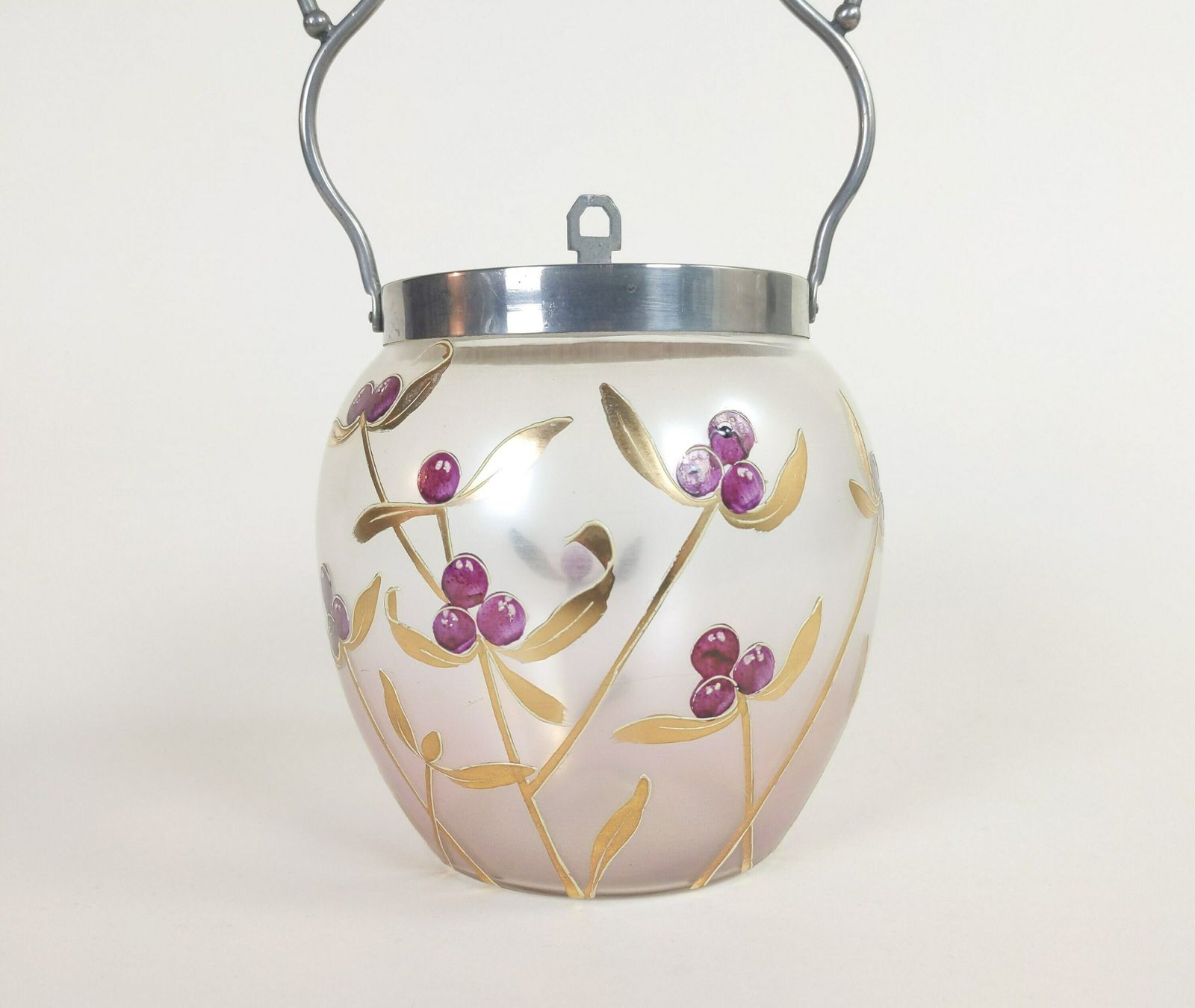 French Glass Candy Jar Cookie Barrel With Hand Decorated Gold Flower Leaf And Purple Berry Design, Retro Biscuit Container, Old Bonbon Pot photo vintage