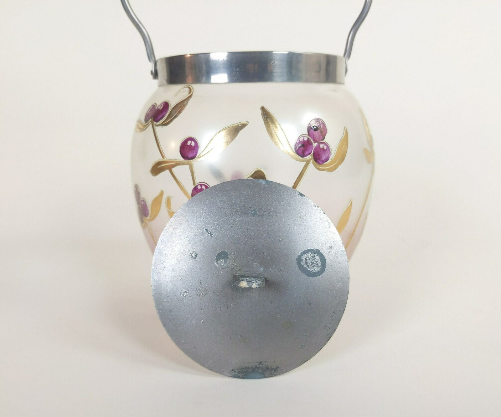 photo furniture French Glass Candy Jar Cookie Barrel With Hand Decorated Gold Flower Leaf And Purple Berry Design, Retro Biscuit Container, Old Bonbon Pot