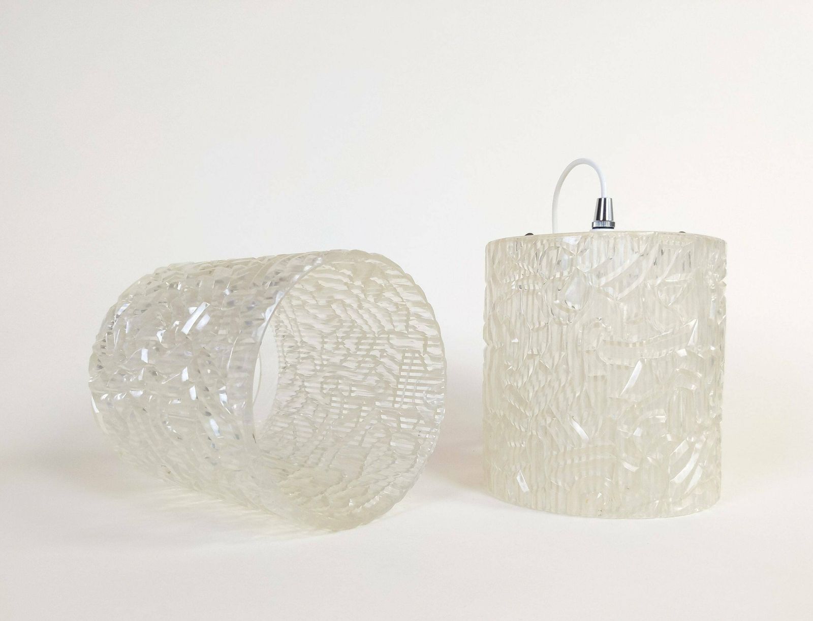 photo for sale Pair Of Vintage French Clear Acrylic Hanging Swag Pendant Ceiling Lights, Mid Century Lighting, 1960s Plastic Lights