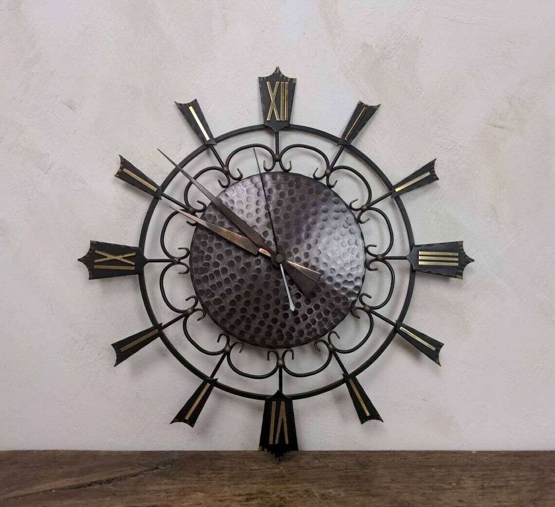 Unghans Starburst Battery Wall Clock, German Black And Gold Mid Century Clock, Battery Operated Black Metal Clock, Home Office Decor