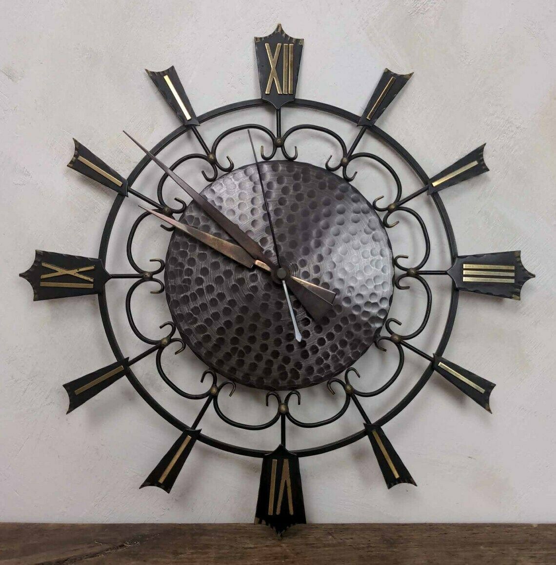 Unghans Starburst Battery Wall Clock, German Black And Gold Mid Century Clock, Battery Operated Black Metal Clock, Home Office Decor photo Home Decor