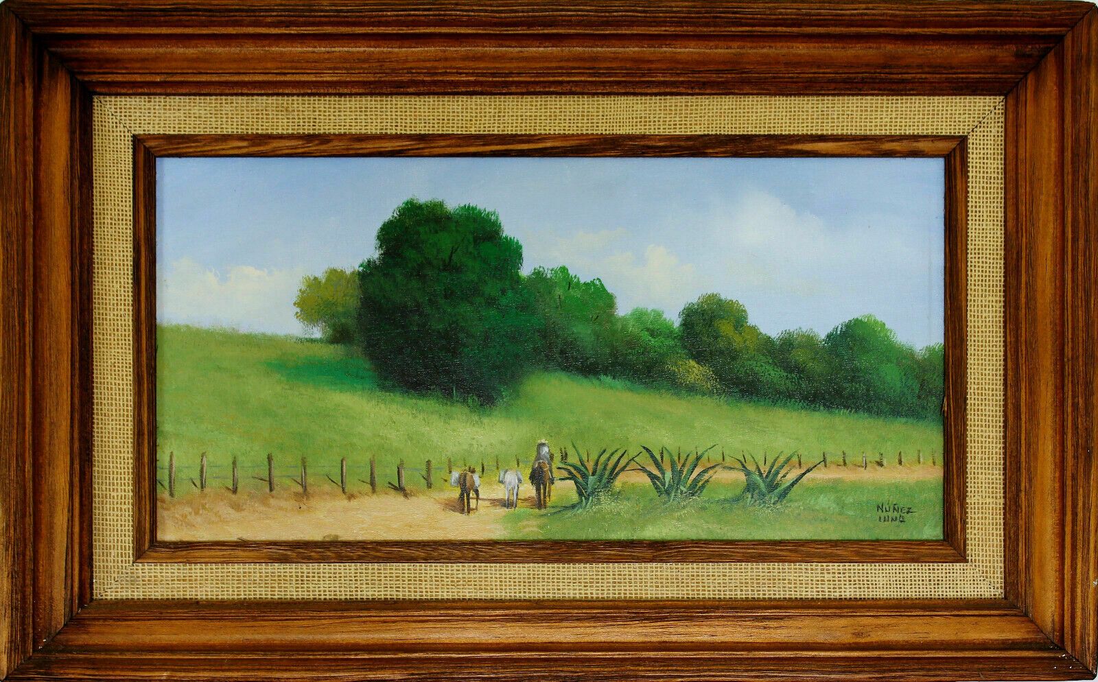 Oil On Board By Nunez Luna. Pastoral Mexican Scene With Agave Plants