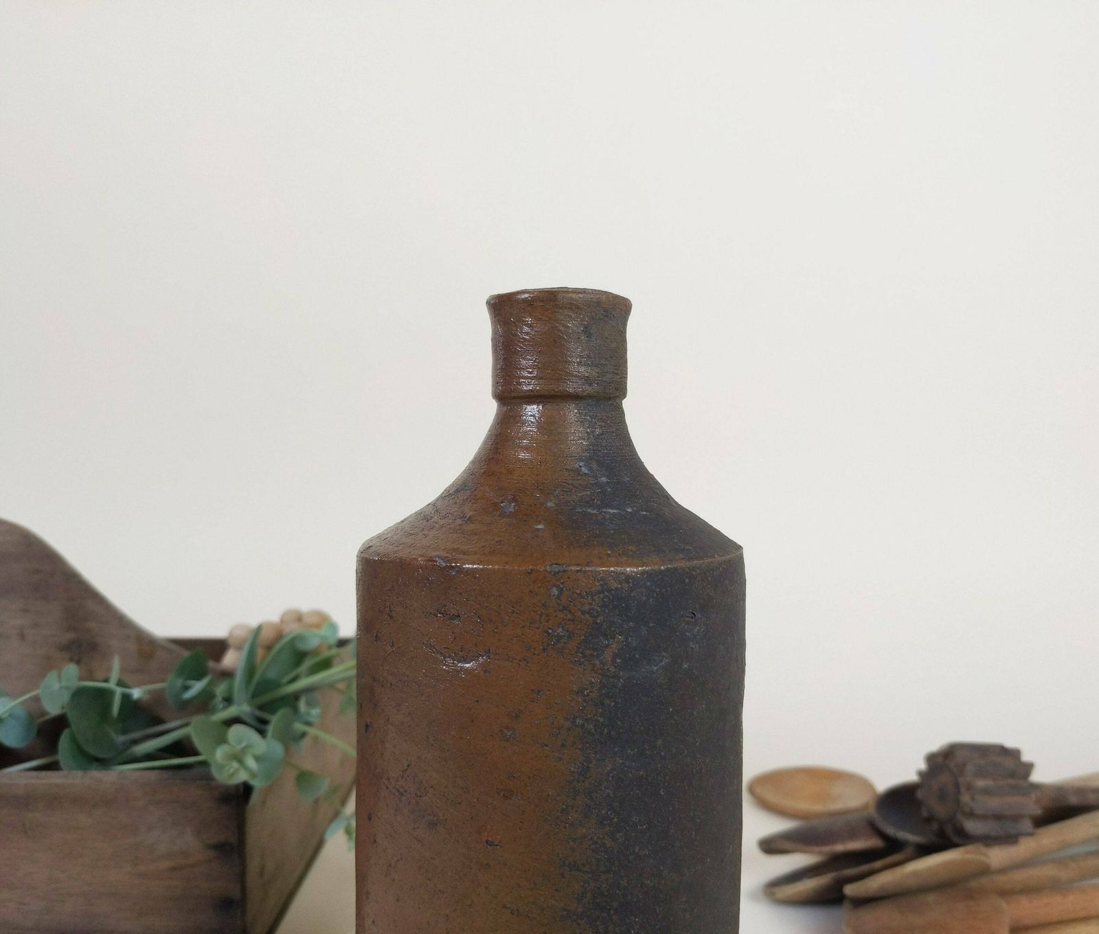 Antique French Chocolate Brown Stoneware Pottery Bottle 1900s photo furniture