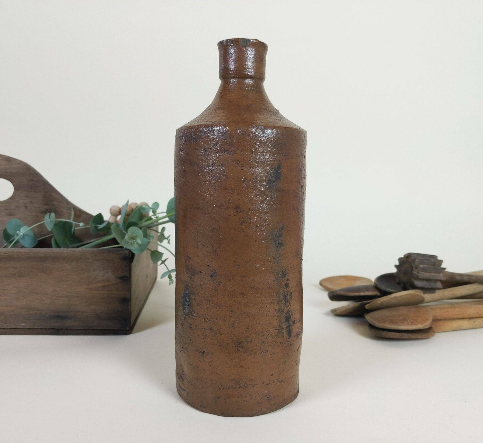 Antique French Chocolate Brown Stoneware Pottery Bottle 1900s photo vinterior