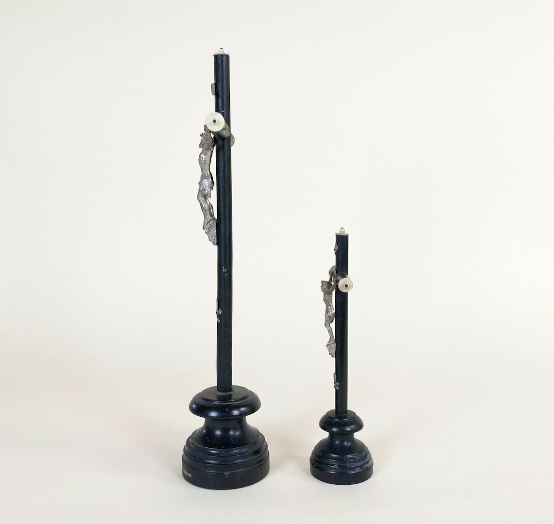 Pair Antique French Ebonized Napoleon 3 Style Wood Metal And Bone Christian Jesus Mourning Crucifix From Lourdes, Catholic Religious Decor photo for sale