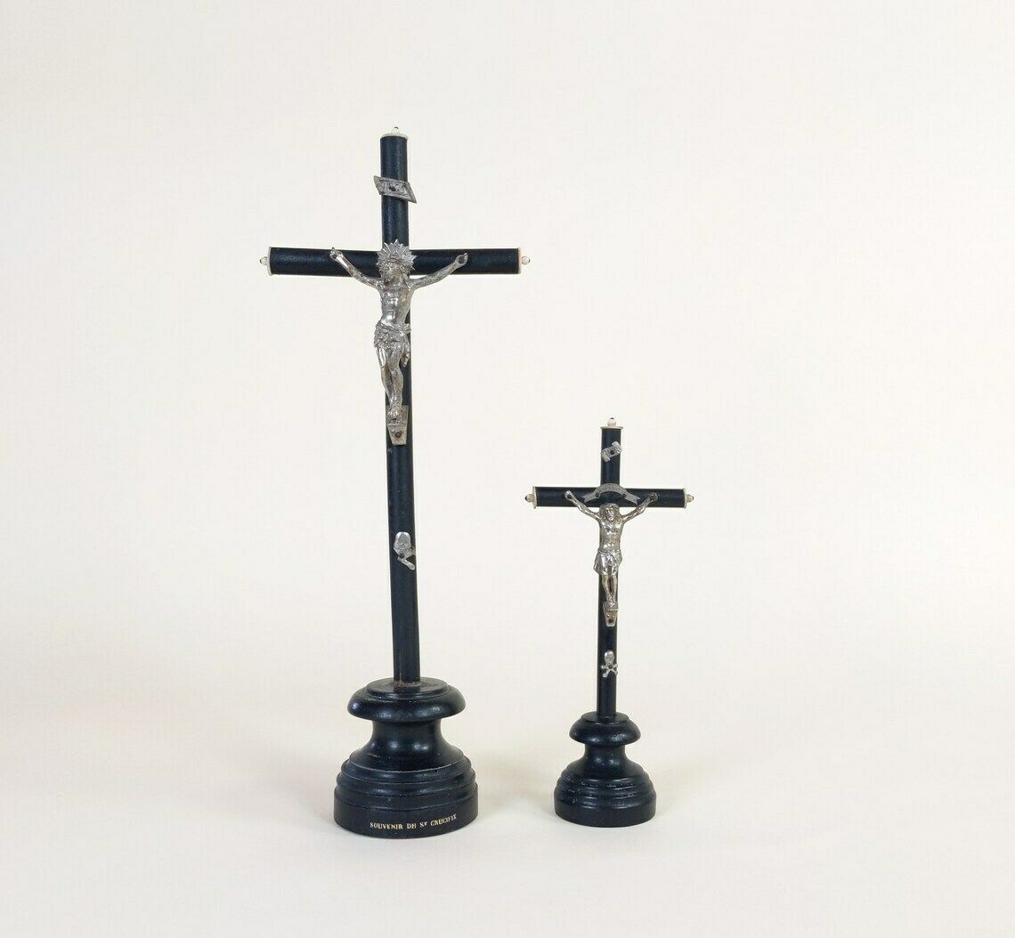 Pair Antique French Ebonized Napoleon 3 Style Wood Metal And Bone Christian Jesus Mourning Crucifix From Lourdes, Catholic Religious Decor photo Home Decor