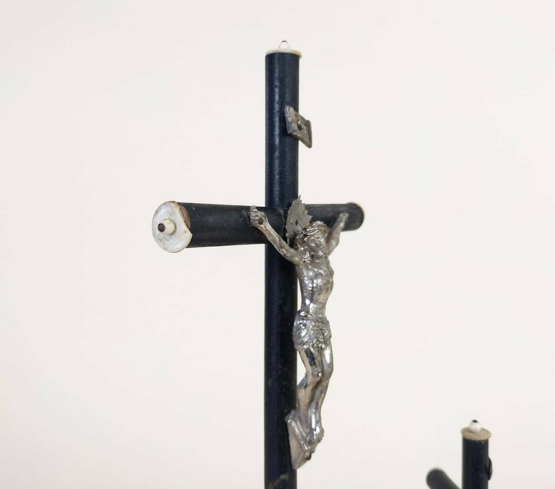 Pair Antique French Ebonized Napoleon 3 Style Wood Metal And Bone Christian Jesus Mourning Crucifix From Lourdes, Catholic Religious Decor photo vintage