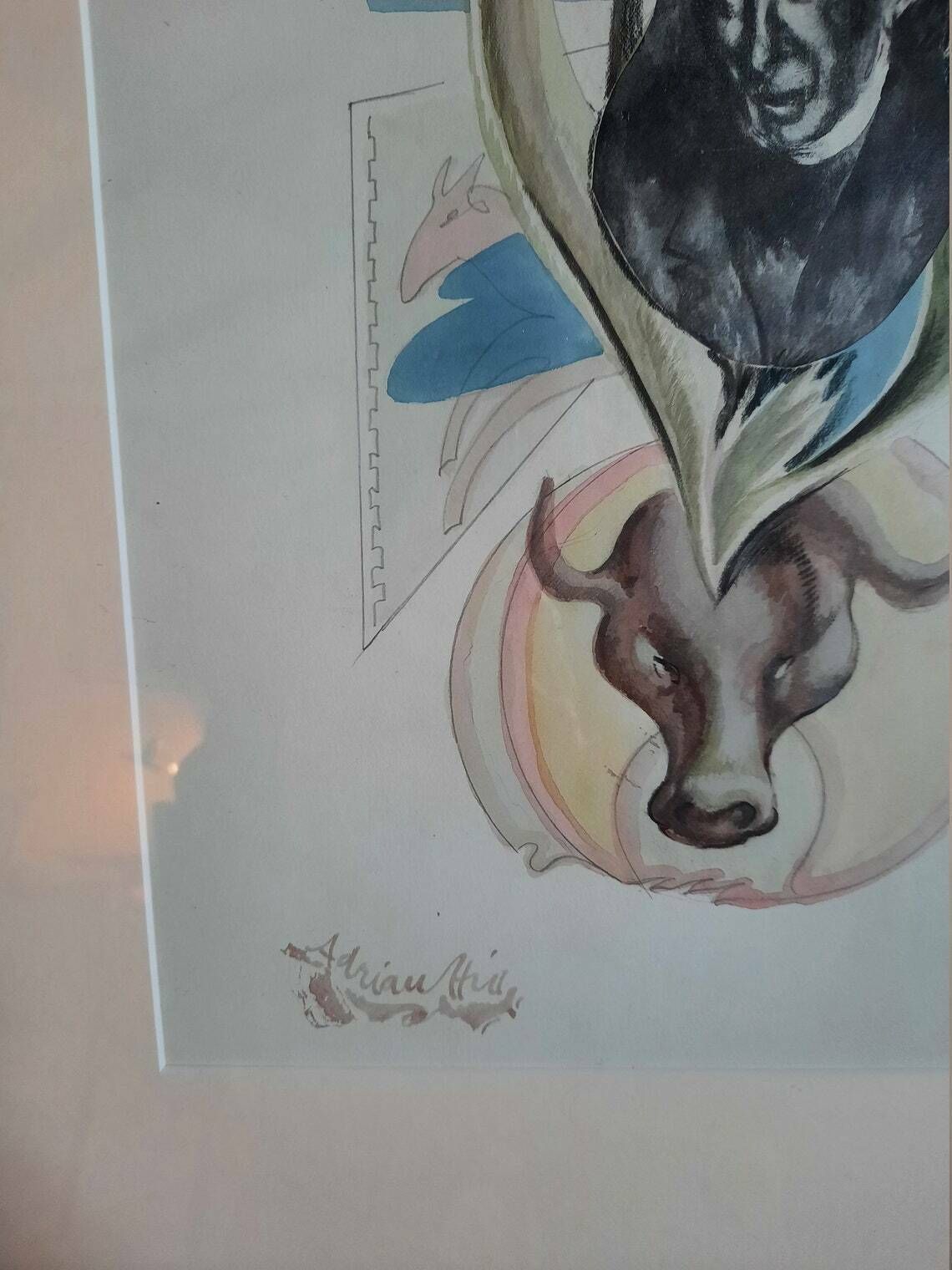 Original Watercolour, Pencil, Pen & Ink Collage By Adrian Hill   Mcm Artist photo furniture