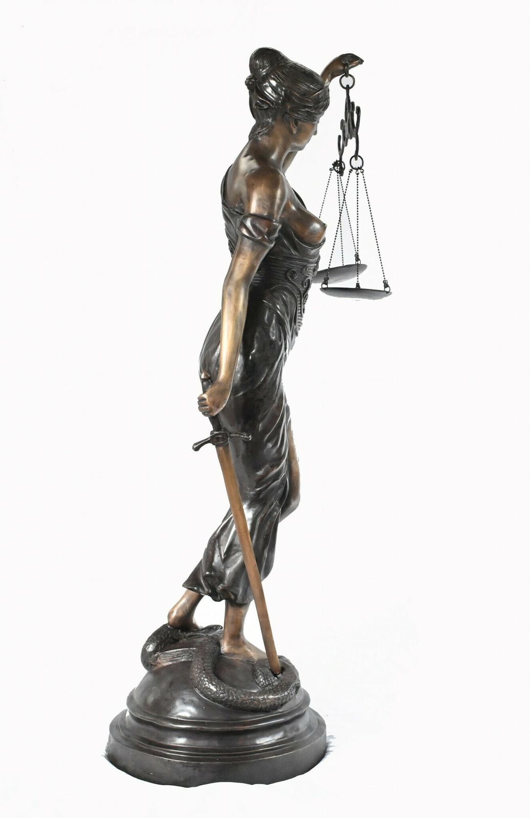photo buy Xl French Bronze Statue Lady Justice Scales Figurine Snake