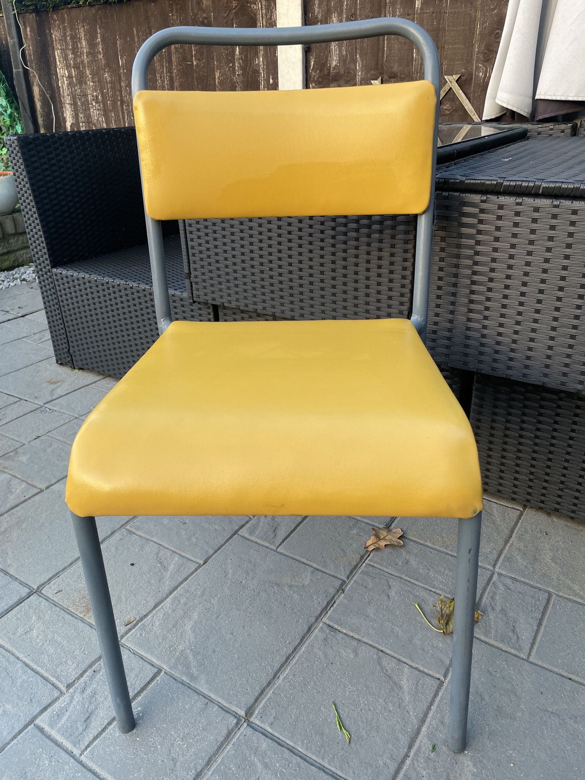 Set Of 4 Retro Metal Frame Chairs Recovered In Yellow Faux Leather.