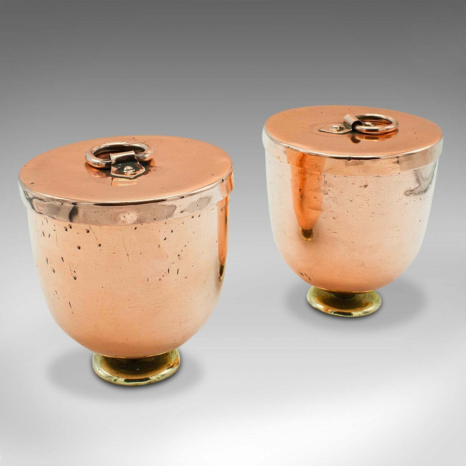 Pair Of Antique Ice Cream Moulds, English Copper Lidded Pots, Harrods