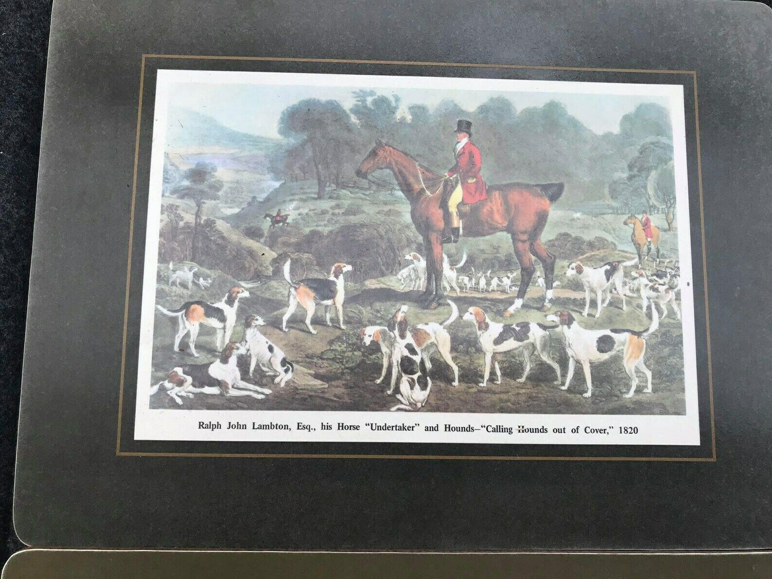 Fox Hunting Placemats Table Mats Set Of 3 And 2 Plastic Trays Hunting Decor Cork Placemat England 70s Gift Mom Hostess Serving Hunter Gift photo vinterior