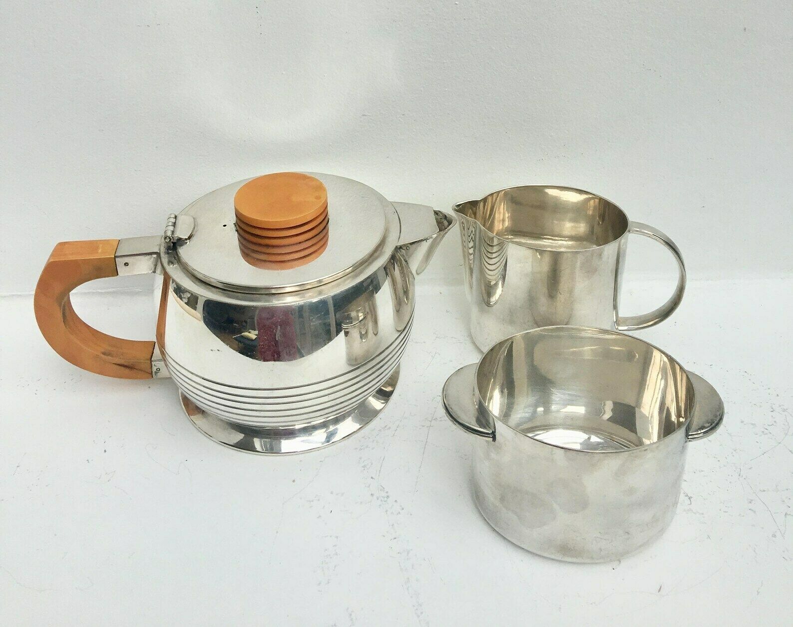 photo for sale Art Deco Tea Set, Elkington & Co Cardinal Plate Silver Plated Vintage 1920s Butterscotch Bakelite Handles Tea Pot, Creamer Sugar Bowl 1920