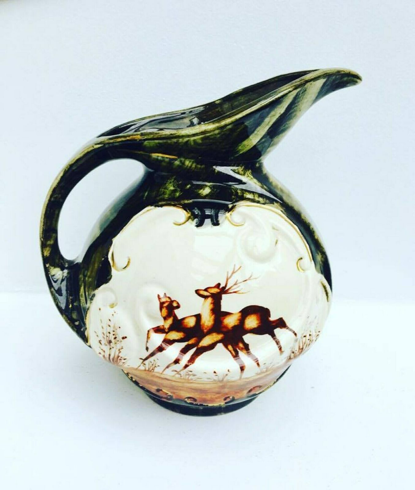 Vintage Large Ceramic Pitcher , Green Brown Glaze Gold Rim Handpainted, Flying Bird Duck Geese, Montagne H Bequet, Belgium Jug Hubert Bequet photo furniture