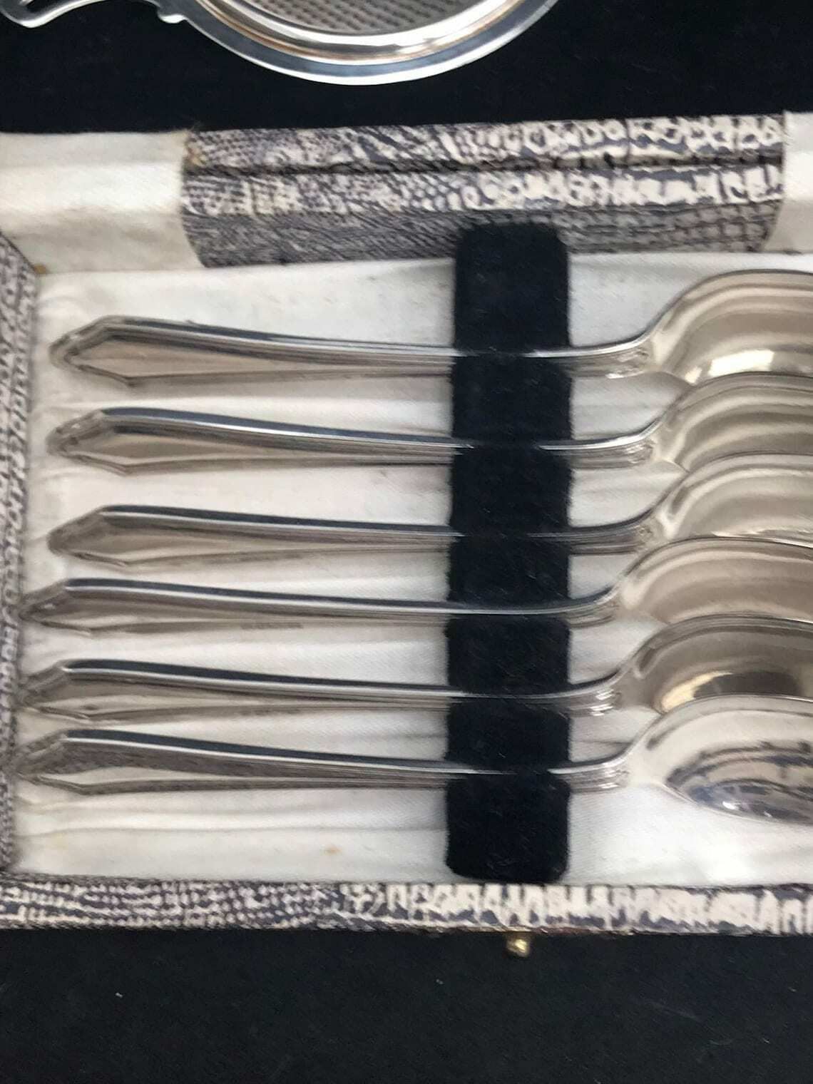 photo for sale Art Nouveau Antique Silver Plated Tea Set Strainer And Spoons Set 6 Boxed England Victorian Flatware Boxed 1910s Gift Tea Lover Hostess