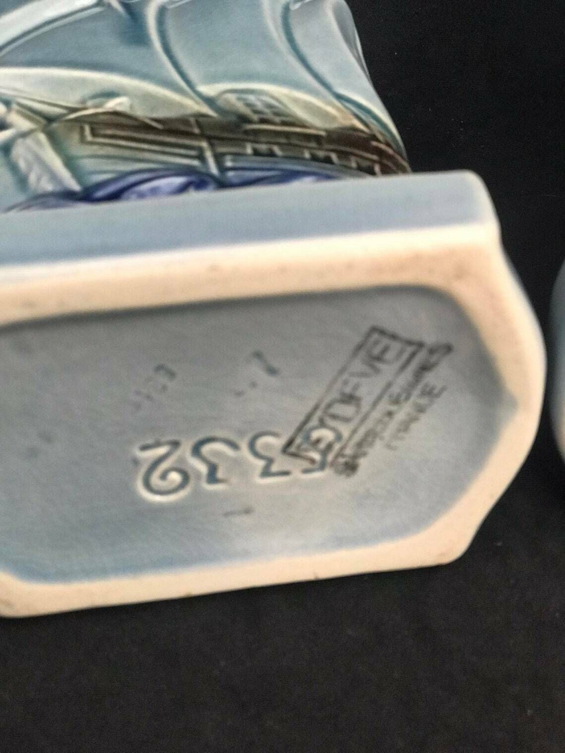 Pair Small Vases Bleu Sarreguemines Ceramic 1920's French Pottery Sailing Boats Coastal Decor Beach House Table Decor Gift For Her photo furniture