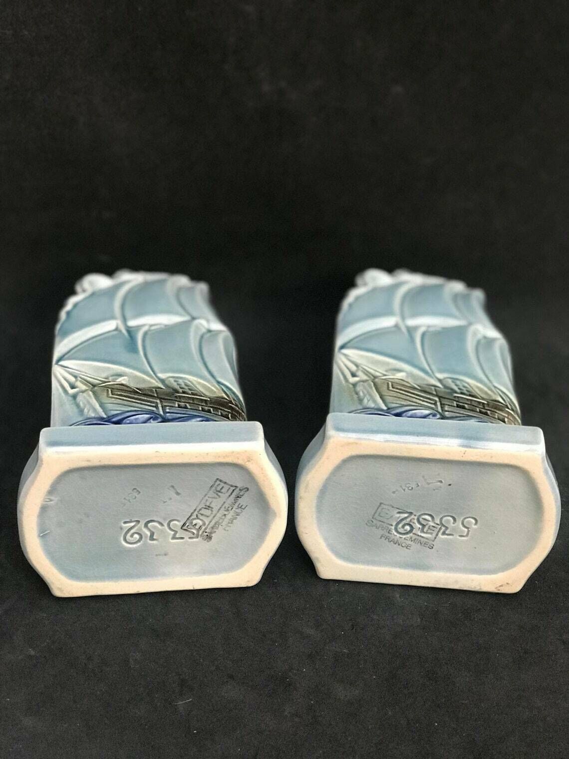 Pair Small Vases Bleu Sarreguemines Ceramic 1920's French Pottery Sailing Boats Coastal Decor Beach House Table Decor Gift For Her photo Home Decor