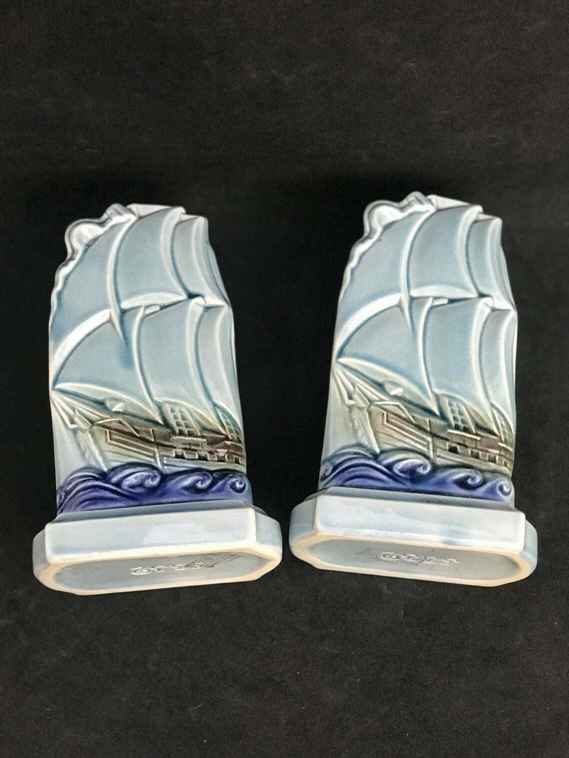 Pair Small Vases Bleu Sarreguemines Ceramic 1920's French Pottery Sailing Boats Coastal Decor Beach House Table Decor Gift For Her photo buy