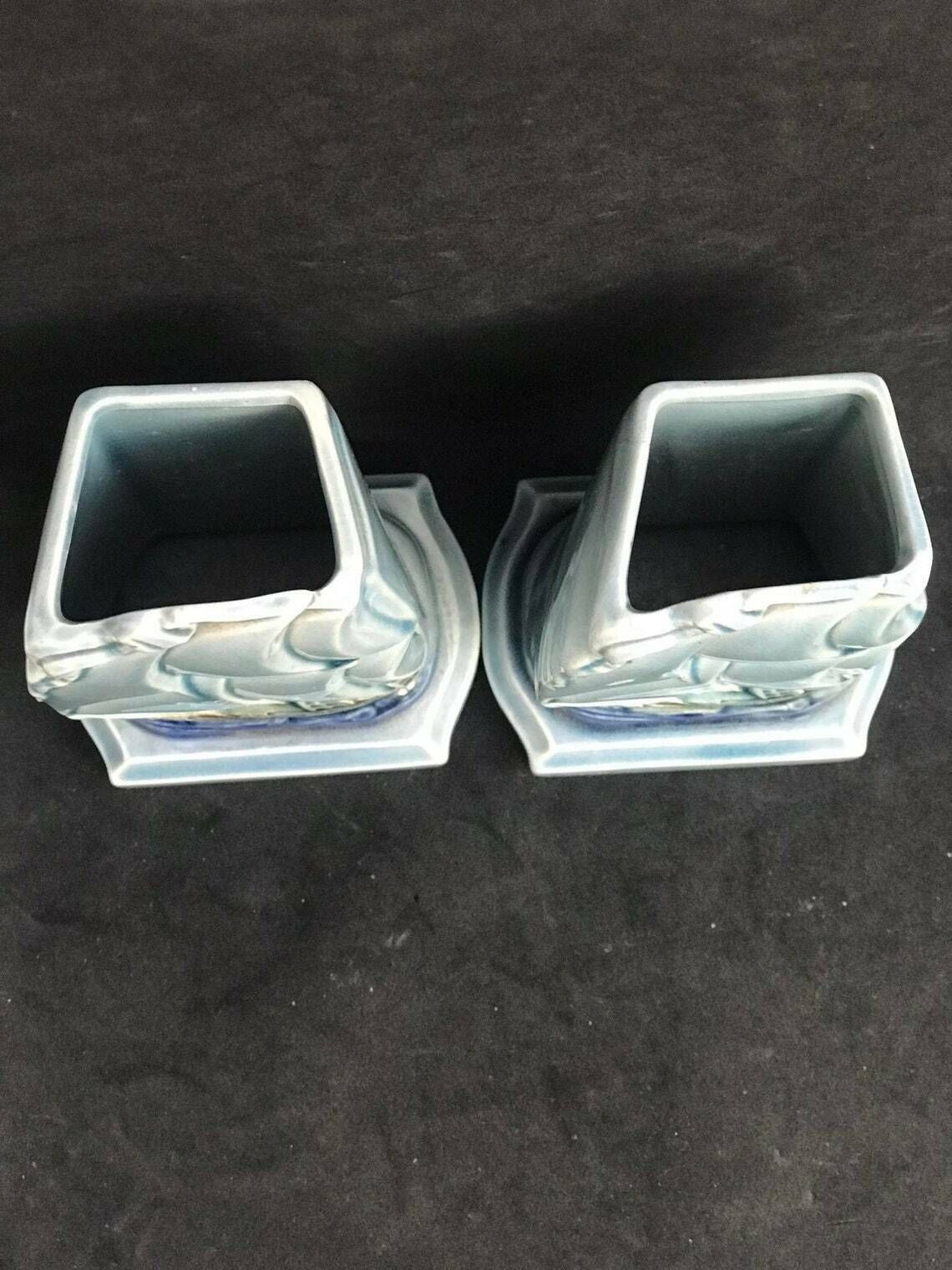Pair Small Vases Bleu Sarreguemines Ceramic 1920's French Pottery Sailing Boats Coastal Decor Beach House Table Decor Gift For Her photo vintage