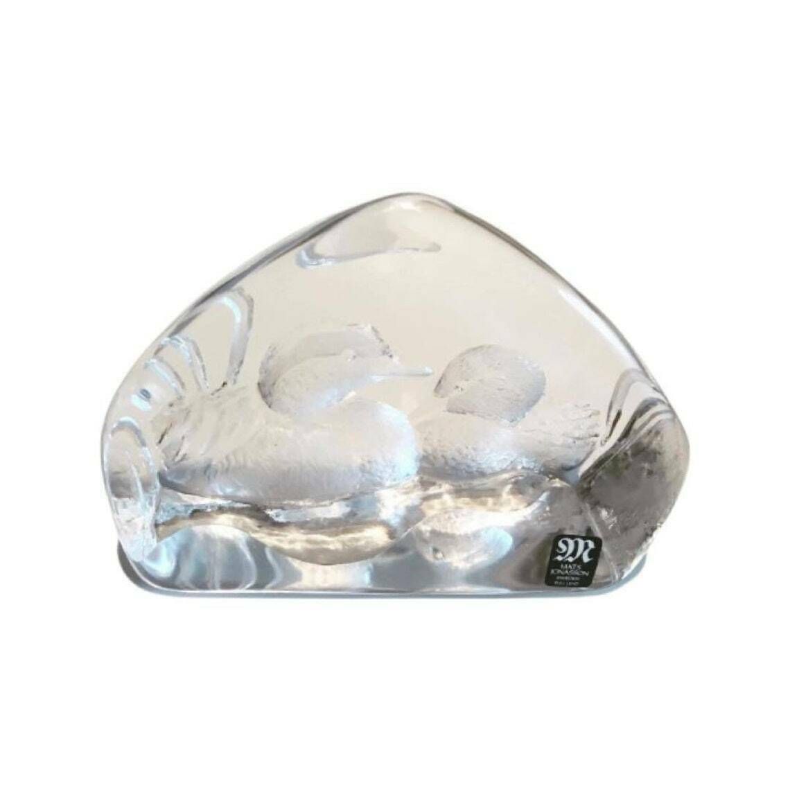 Glass Paperweight Mats Jonasson Designer Royal Krona Lead, Crystal Glass Etched Ducks, Swedish Art Glass, 1970s Sculpture