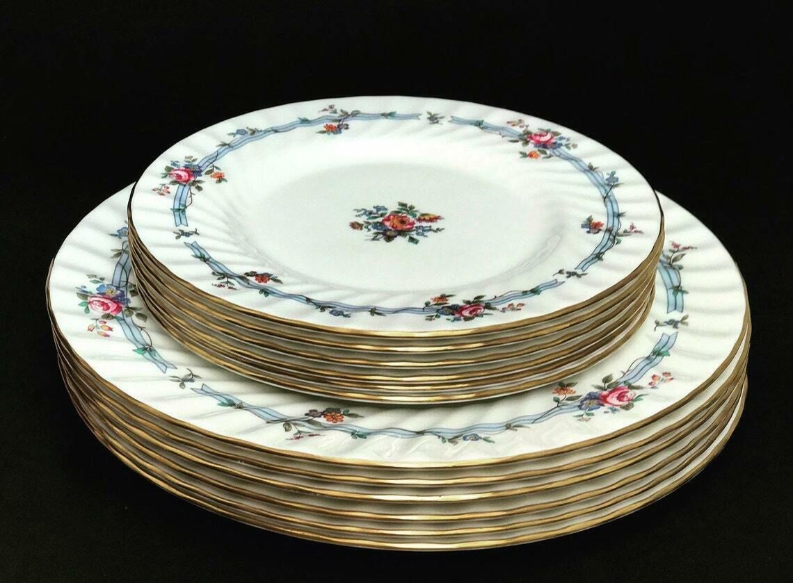 Minton Chartwell 6 Dinner Plates Royal Doulton 6 Salad/Dessert Plates Romantic Floral White Golden Rim Wedding Gift Luxury Holidays Table