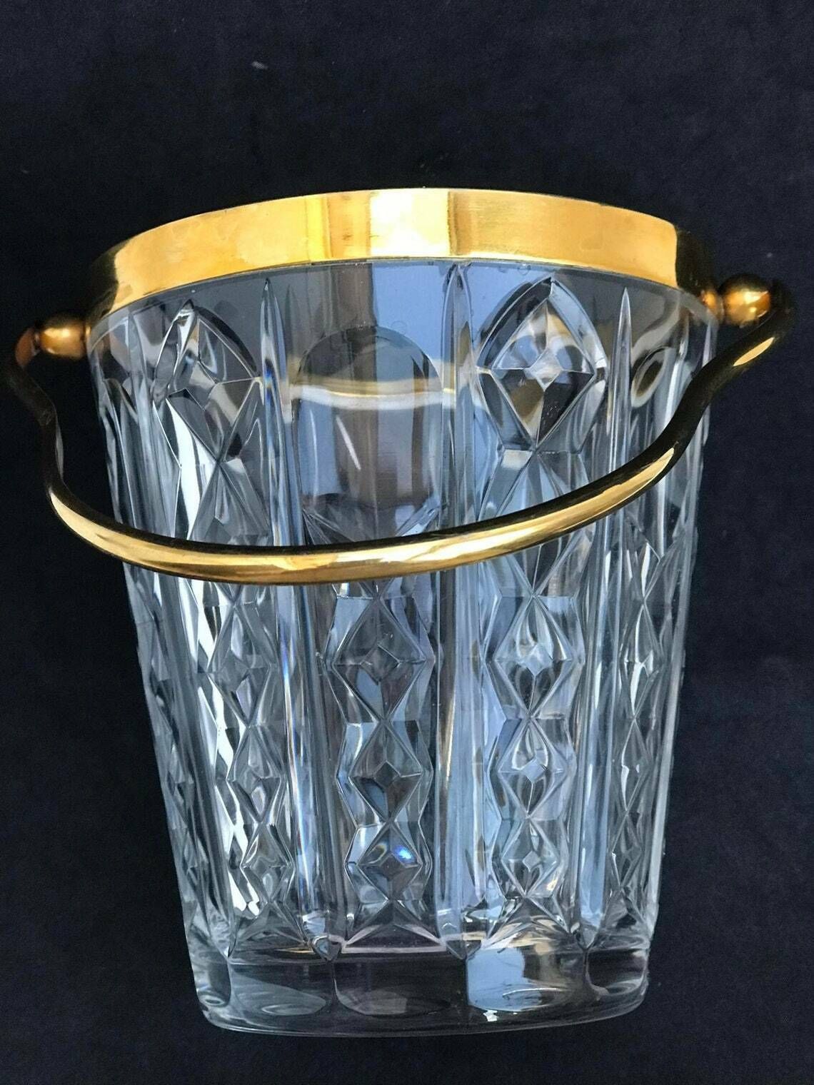 Ice Bucket Val Saint Lambert Heavy Cut Crystal With Golden Metal Handles Mid Century Barware Mixology Tools Bar Cart Hollywood Regency photo for sale