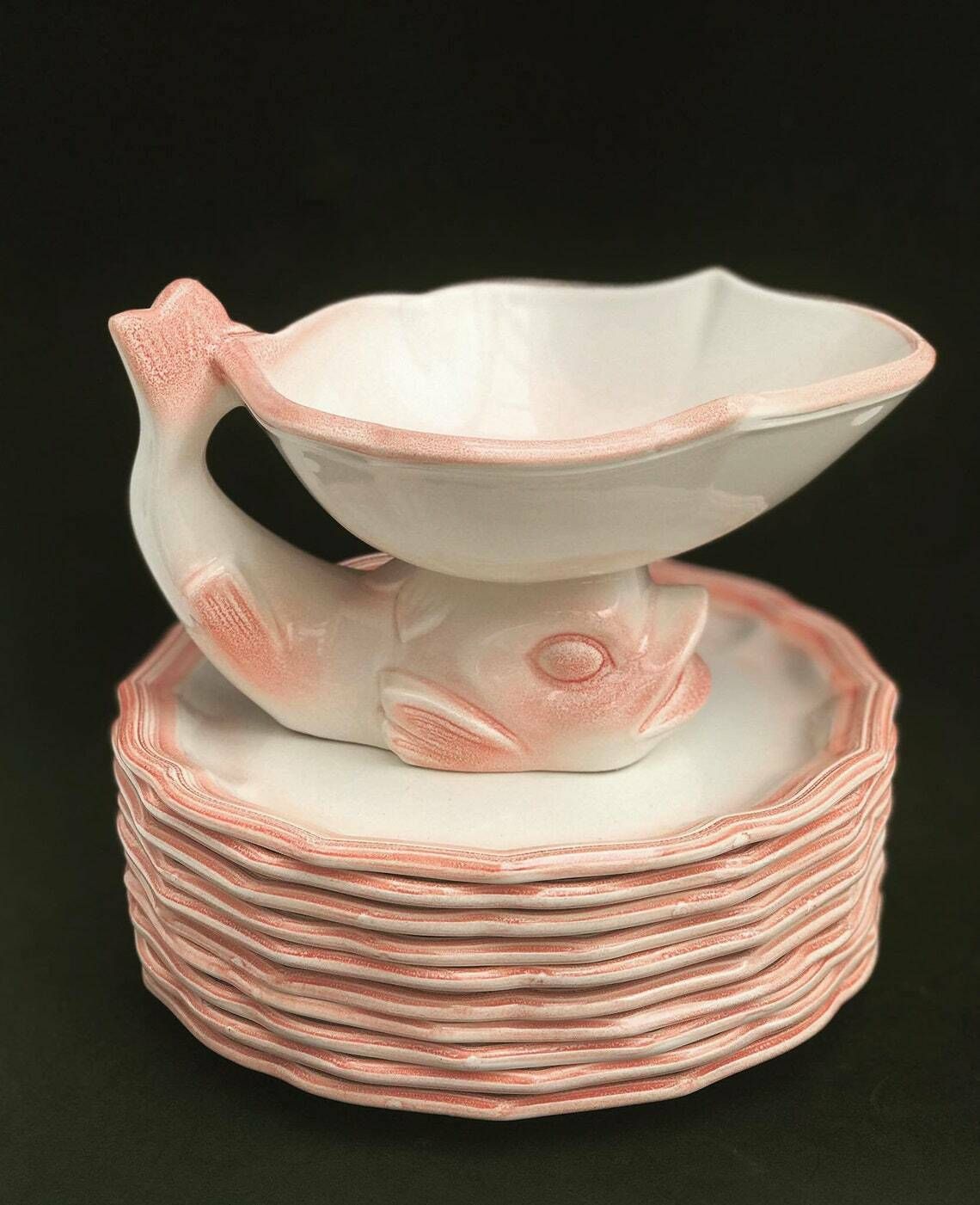 Dessert/ Entree/Cheese Plates Dishes Soft Pink Vintage Majolica Dinnerware Set, Made In The Mid Century By Salins Les Bains Hand Painted