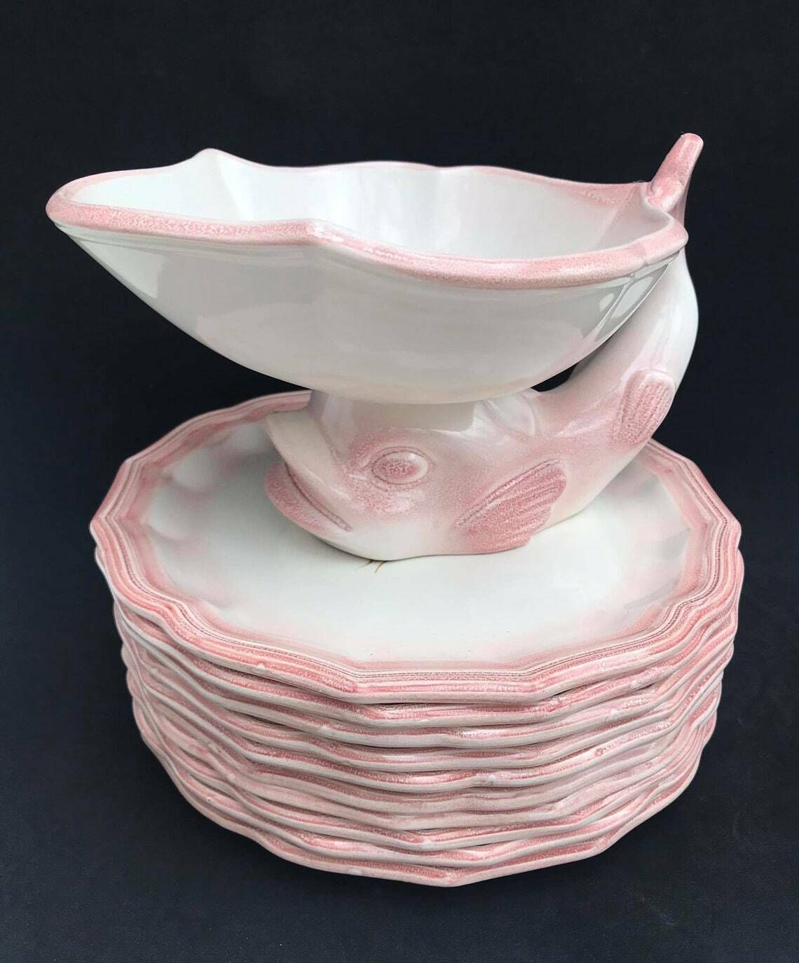 Dessert/ Entree/Cheese Plates Dishes Soft Pink Vintage Majolica Dinnerware Set, Made In The Mid Century By Salins Les Bains Hand Painted photo for sale