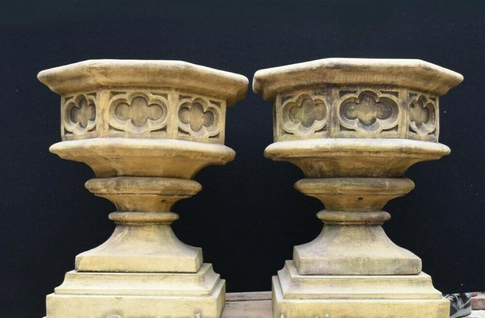 Gothic Stone Garden Urns   Octagonal On Pedestal Base Architectural photo for sale