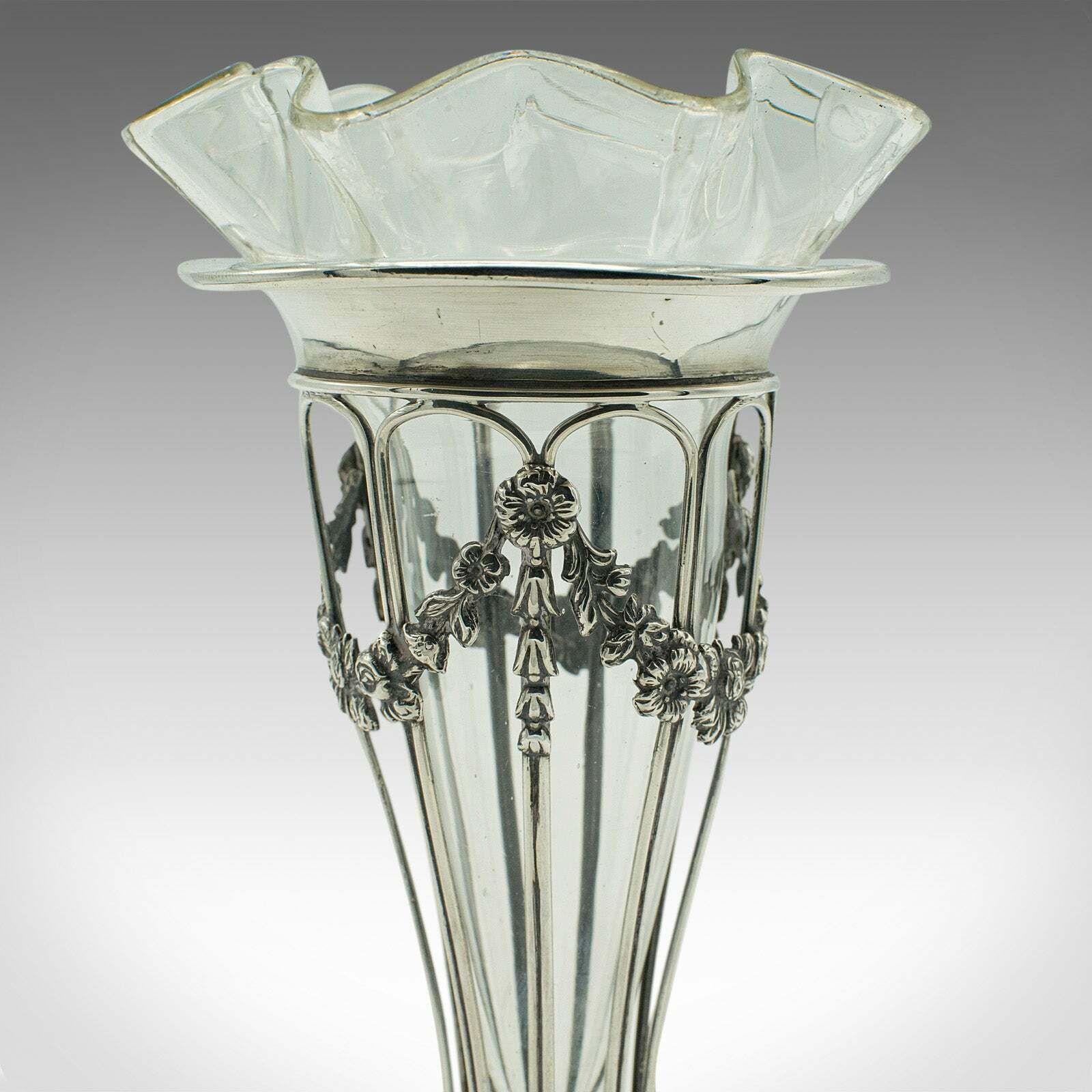 Small Antique Stem Vase, English, Silver, Glass, Decor, Art Nouveau, Edwardian photo vintage