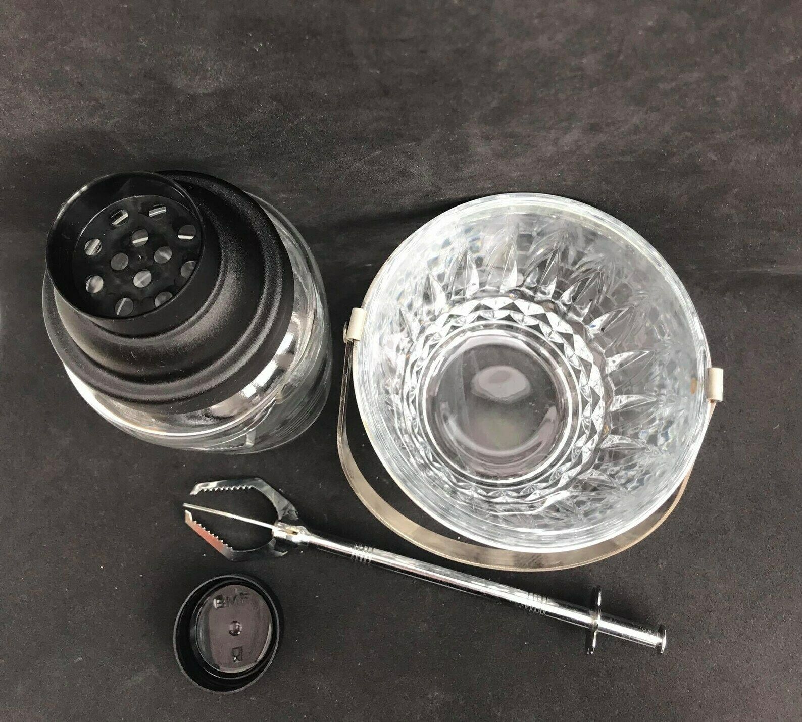 Shaker à cocktail et seau à glace vintage en métal et verre, accessoires de bar Mid Century photo Décoration