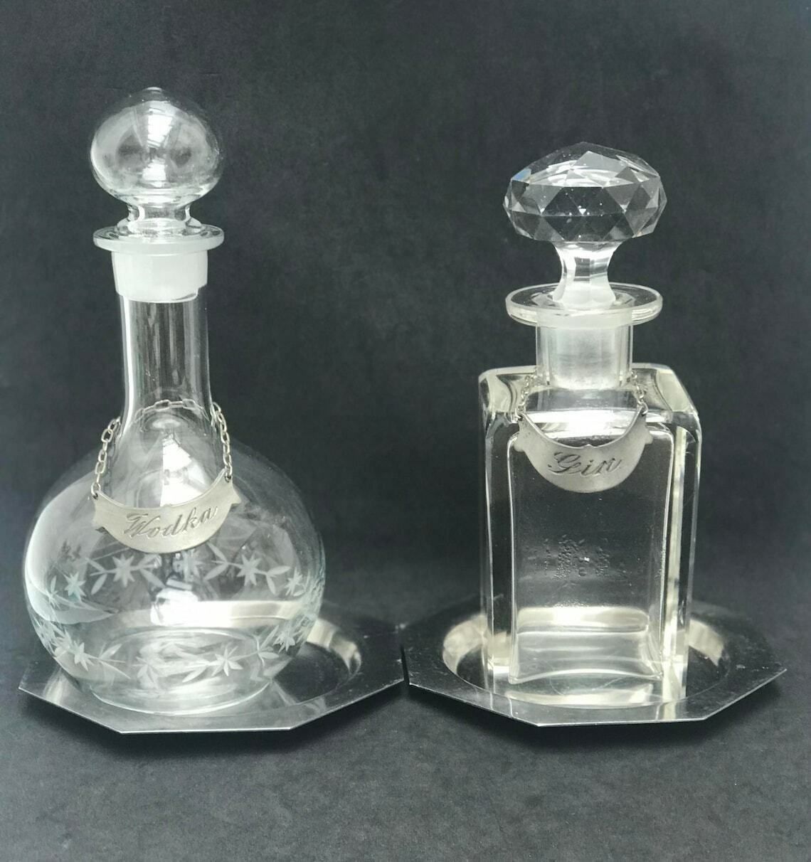 Liquor Bottle Set 2 Bar Glass Bottles Gin Vidka Scotch Bourbon Whisky Porto Hollywood Regency Bar Man Cave Gift Bar Decor Gift For Him photo Home Decor