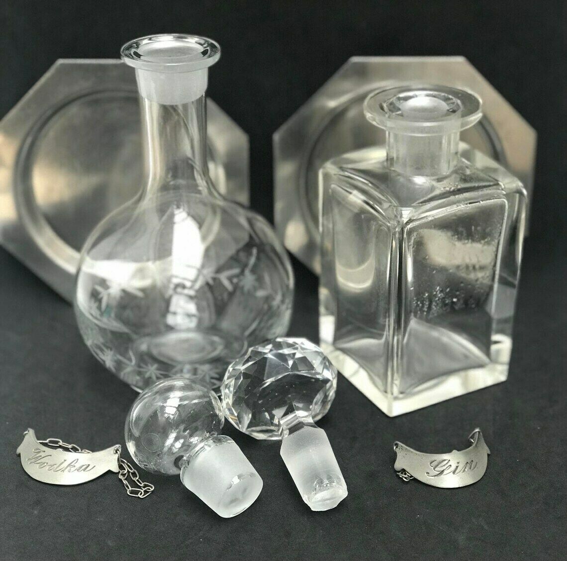 photo furniture Liquor Bottle Set 2 Bar Glass Bottles Gin Vidka Scotch Bourbon Whisky Porto Hollywood Regency Bar Man Cave Gift Bar Decor Gift For Him