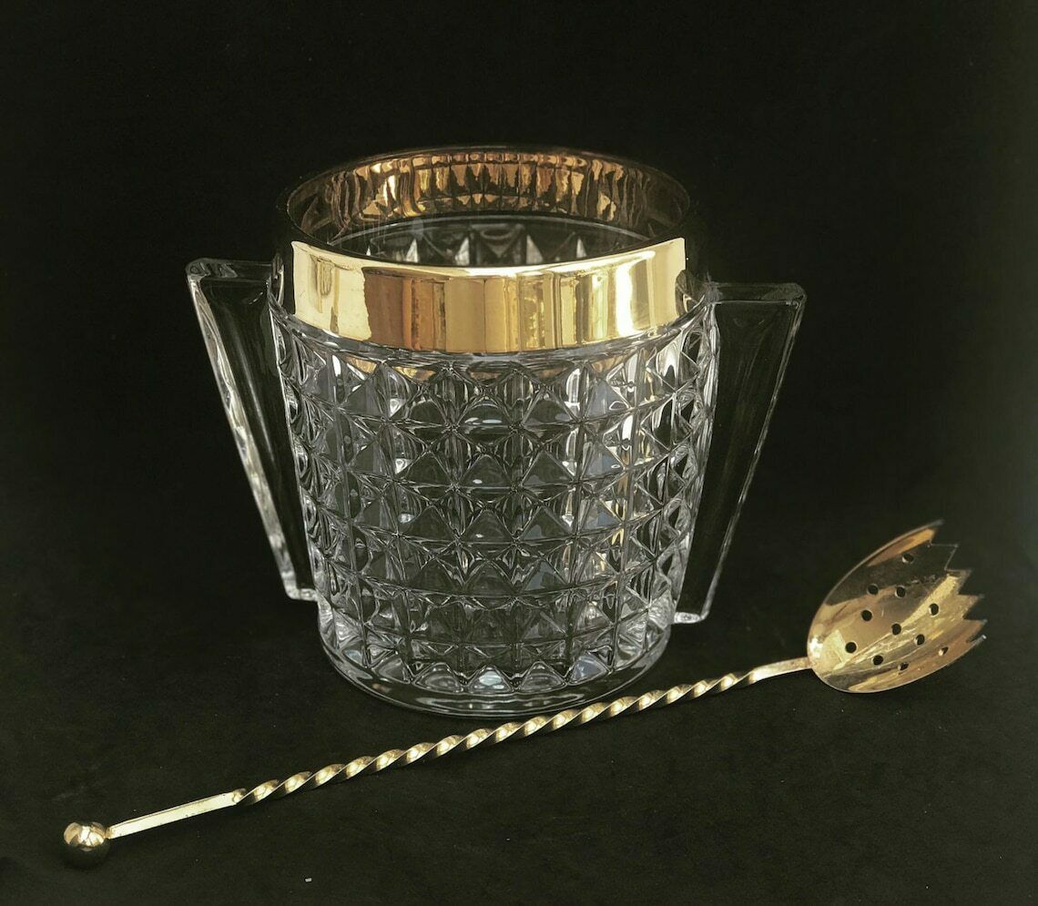 Ice Bucket Heavy Glass Molded With Handles Mid Century Retro Bar Accessories Mcm Gift For Him Hollywood Regency Gold Bar Decor
