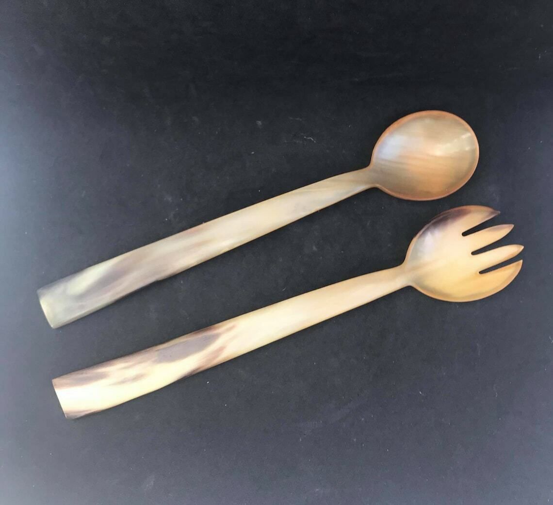 Salad Horn Cutlery Spoon And Fork Salad French Horn Fork And Spoon, Serving Cutlery, 50's Garden Table Hostess Gift photo vintage
