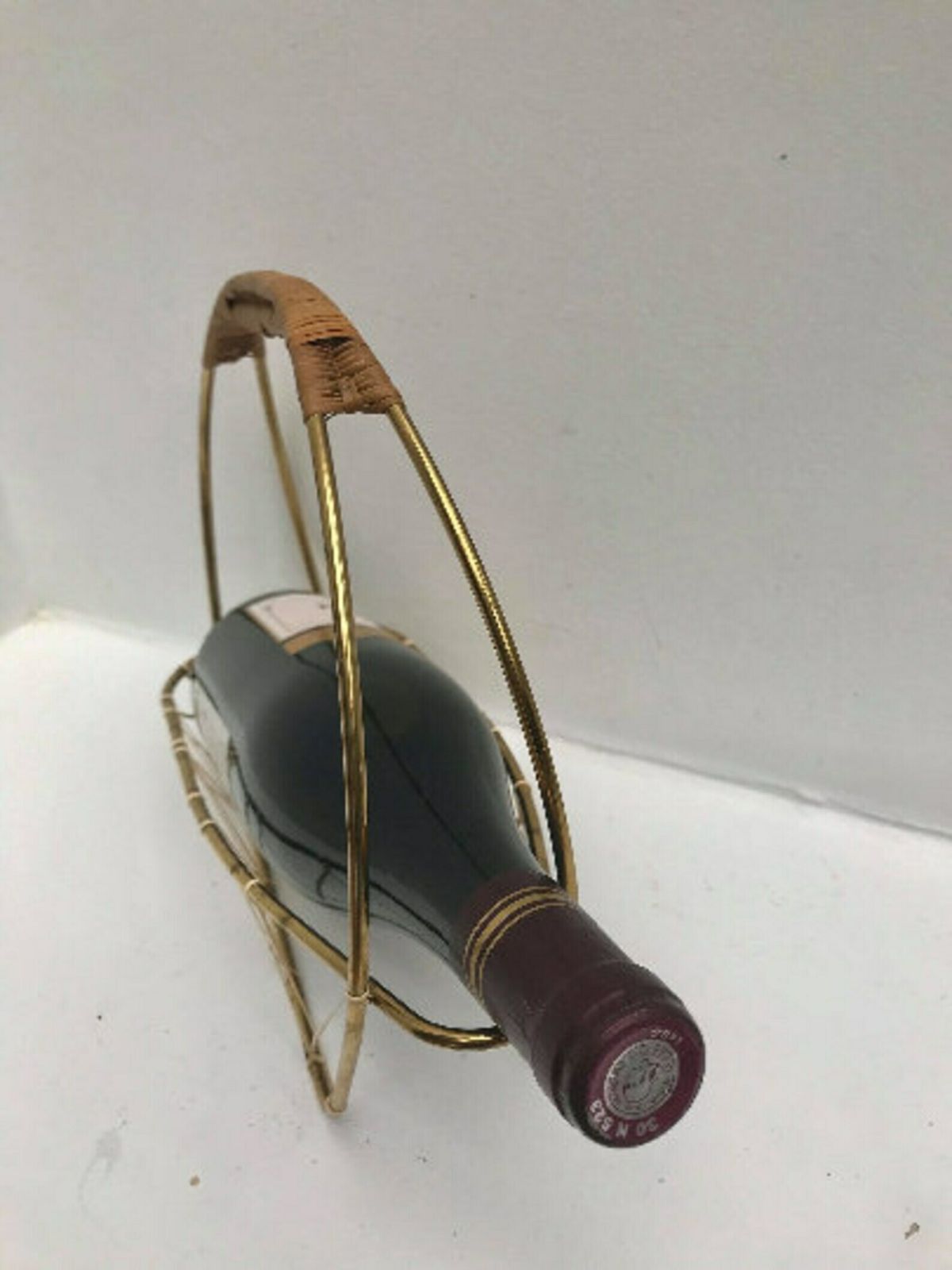 Wine Bottle Holder Wine Pourer Stand Caddy Gold Light Wire And Bamboo On The Handle, 70s Bar Cart Hollywood Regency Gift For Him photo furniture