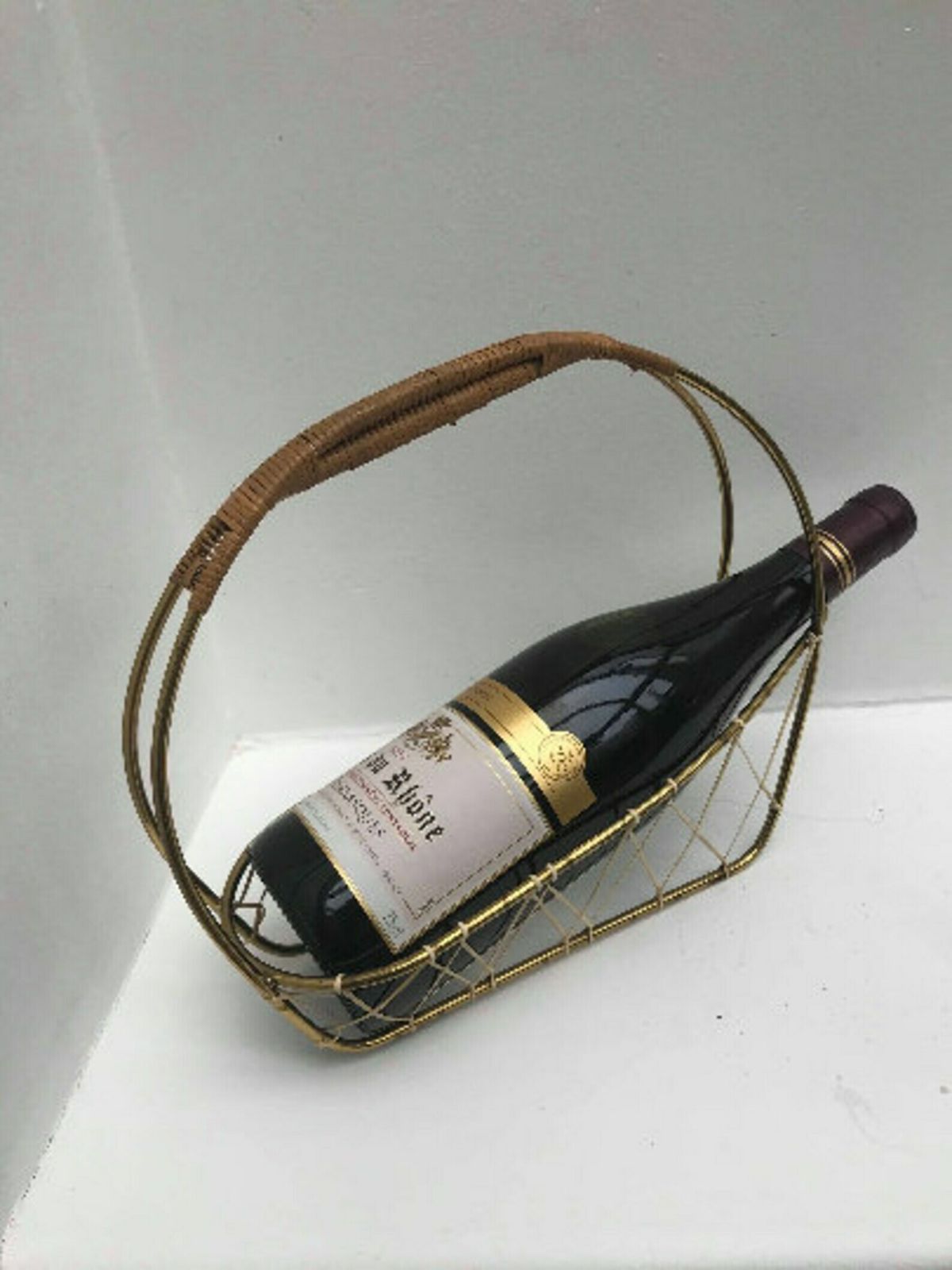 Wine Bottle Holder Wine Pourer Stand Caddy Gold Light Wire And Bamboo On The Handle, 70s Bar Cart Hollywood Regency Gift For Him photo 148.0