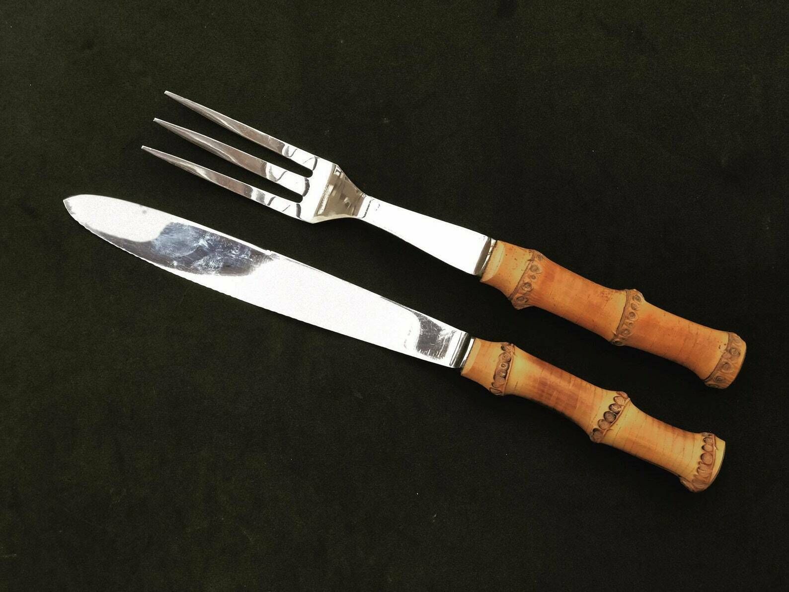 Bamboo Flatware Set Carving Extra Large Knife Fork Extra Large Boho Chic Bohemian Tiki Folk Country Food Photography Prop Nature Tiki