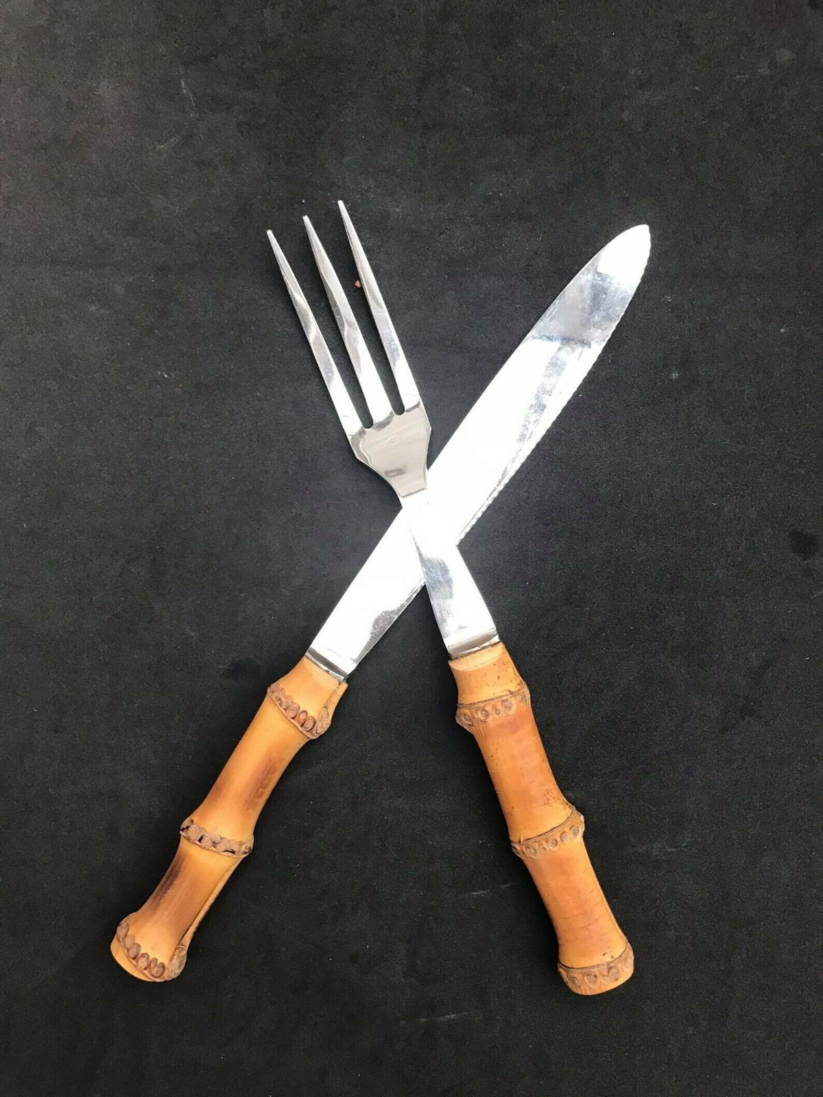 Bamboo Flatware Set Carving Extra Large Knife Fork Extra Large Boho Chic Bohemian Tiki Folk Country Food Photography Prop Nature Tiki photo for sale